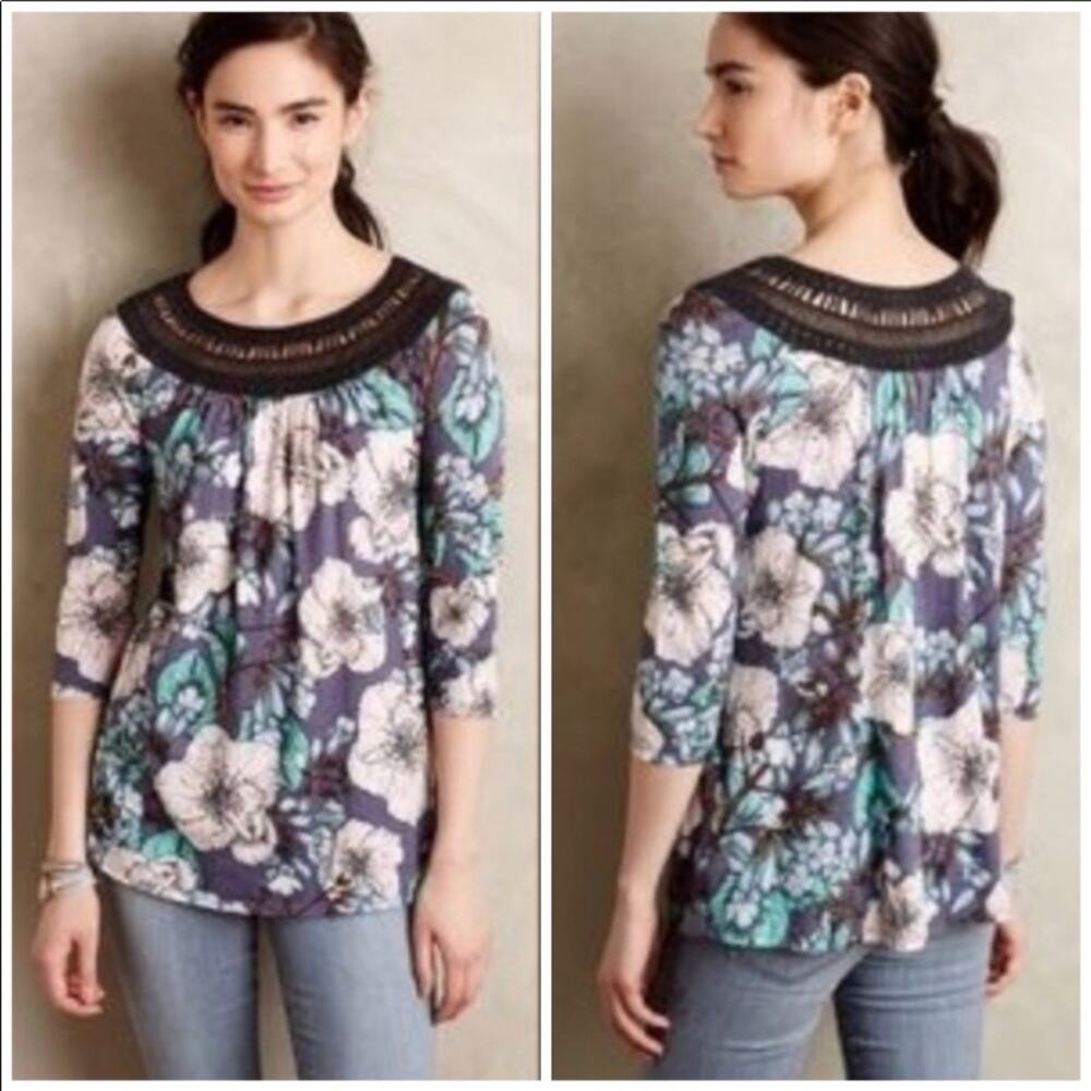 Anthropologie Meadow Rue Floral Gray/Green Boat Neck Top